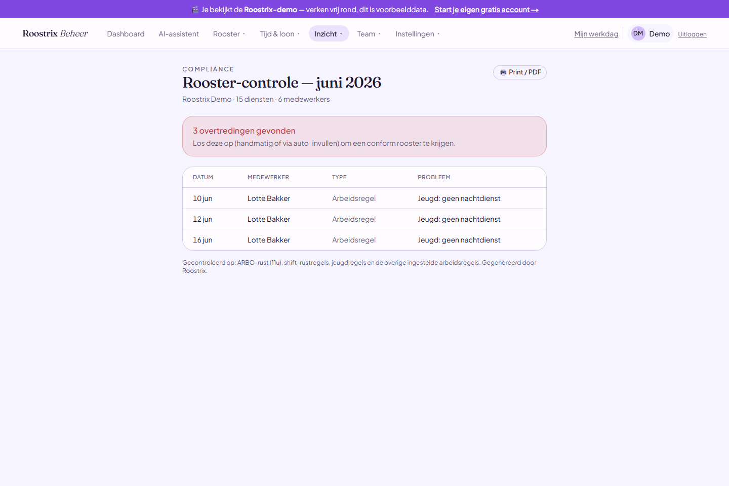 Compliance-controle vangt een 17-jarige op een avonddienst (jeugdregel)